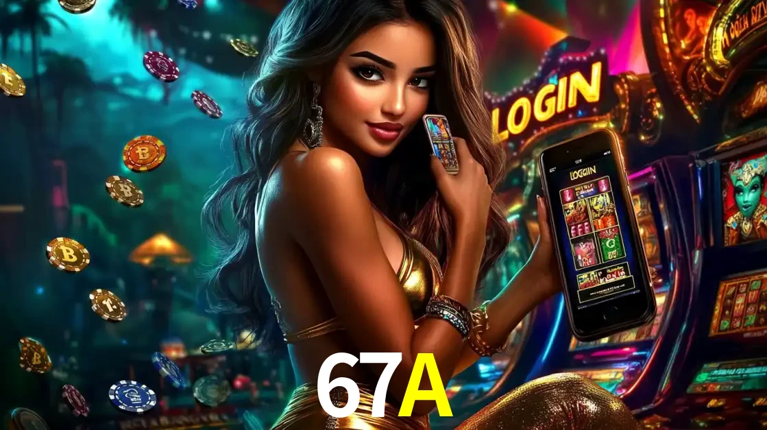 Mulher em um cenário de cassino temático de aventura, mostrando o app de caça-níqueis da 67A no celular. Fichas de apostas flutuam ao redor.