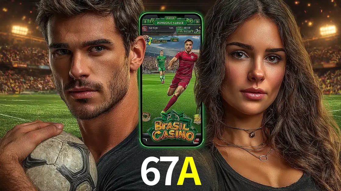 Homem segurando uma bola de futebol e uma mulher ao lado de um smartphone exibindo o jogo de apostas esportivas da 67A. Faça seu palpite no cassino online.